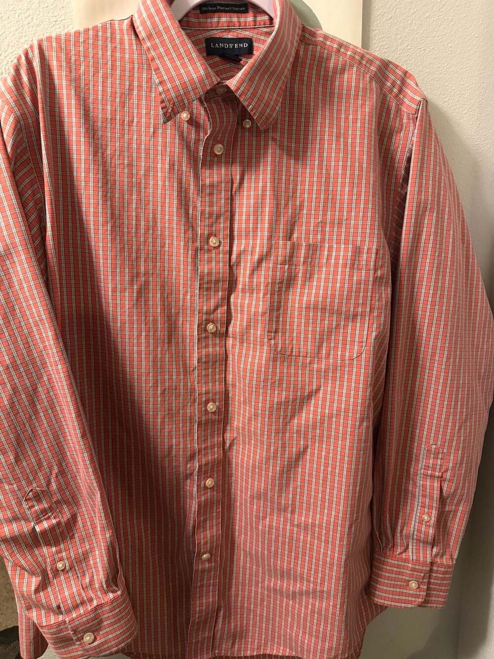 Mens Lands' End ~No Iron~Oxford Plaid Long Sleeve Button Down Shirt Orange 16.5-